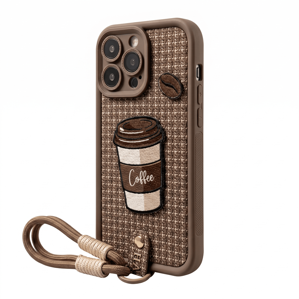 CozyPlaid Embossed Silicone Lanyard Case for iPhone 13–16 Series – Coffee Plaid - TrendsToLife