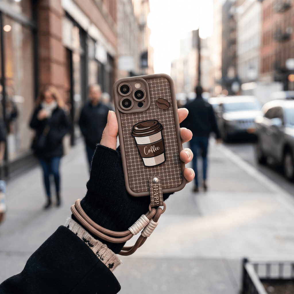 CozyPlaid Embossed Silicone Lanyard Case for iPhone 13–16 Series – Coffee Plaid - TrendsToLife