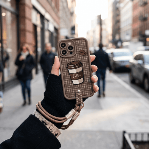 CozyPlaid Embossed Silicone Lanyard Case for iPhone 13–16 Series – Coffee Plaid - TrendsToLife