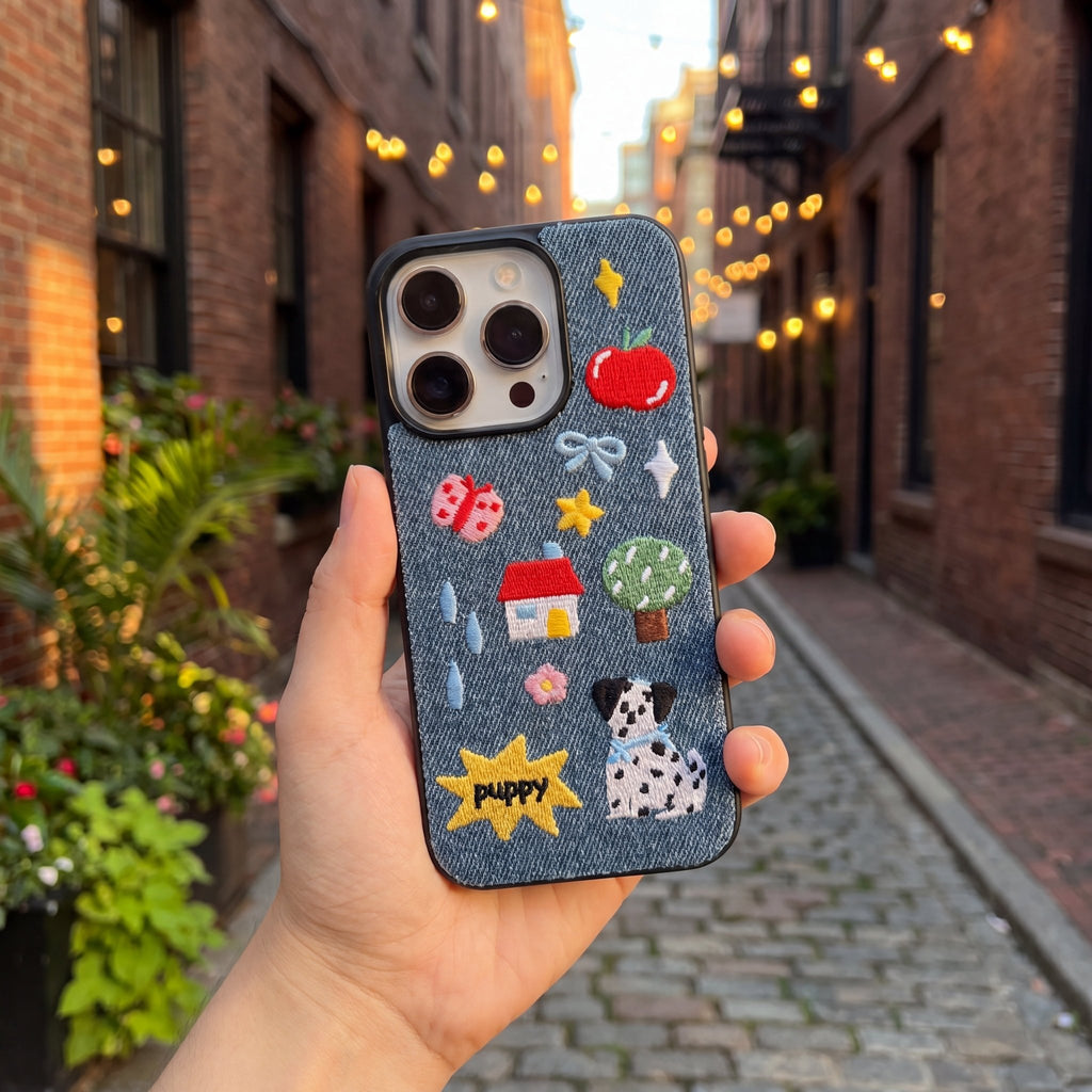 DenimPaw Embroidered Dog Design Case for iPhone 13–17 Series - TrendsToLife