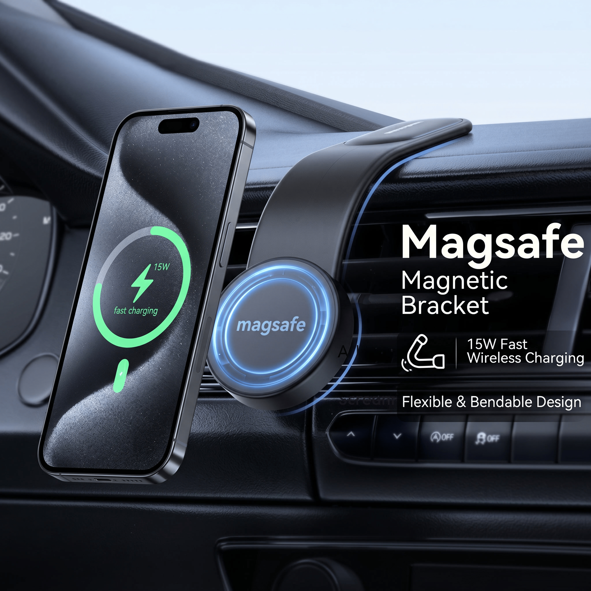 FlexCharge 15W Magnetic Wireless Charging Car Mount with Flexible Dashboard Arm - TrendsToLife